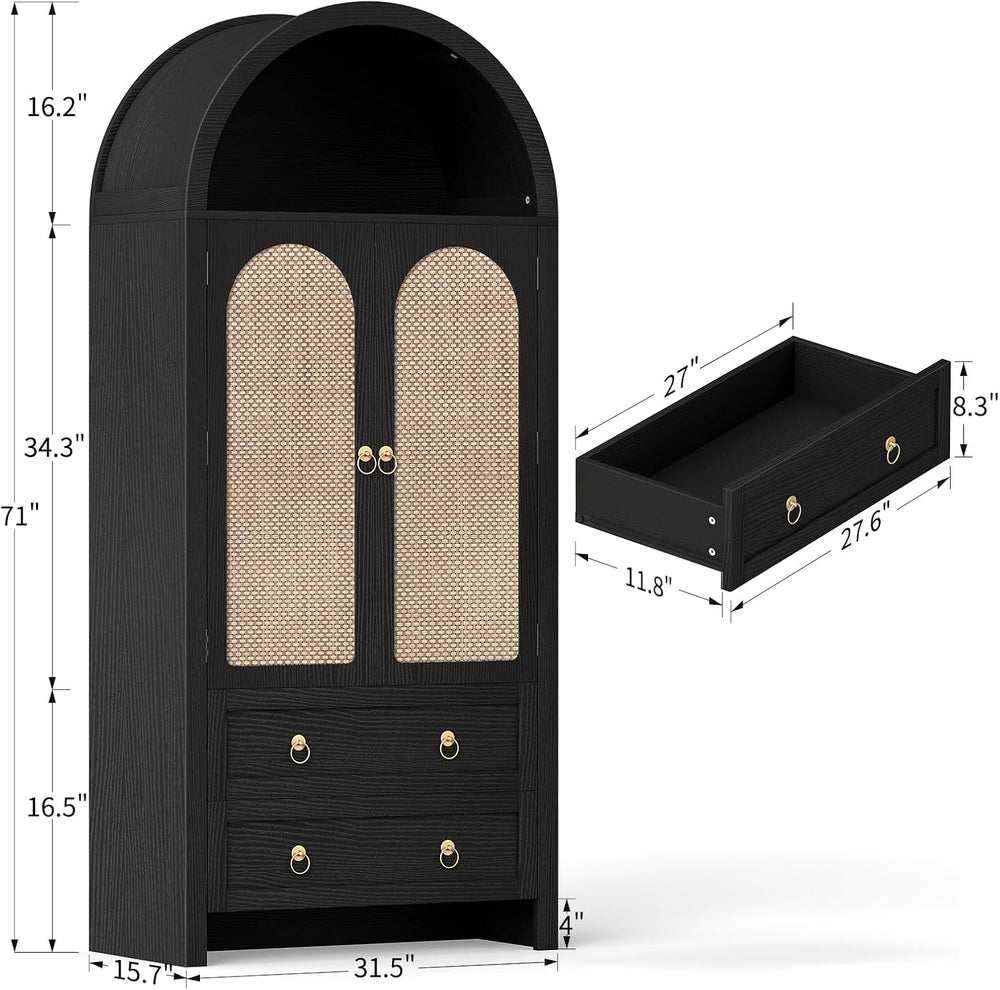 71" Arched Cabinet Kitchen Pantry Cabinet with Rattan Doors, Storage Cab...