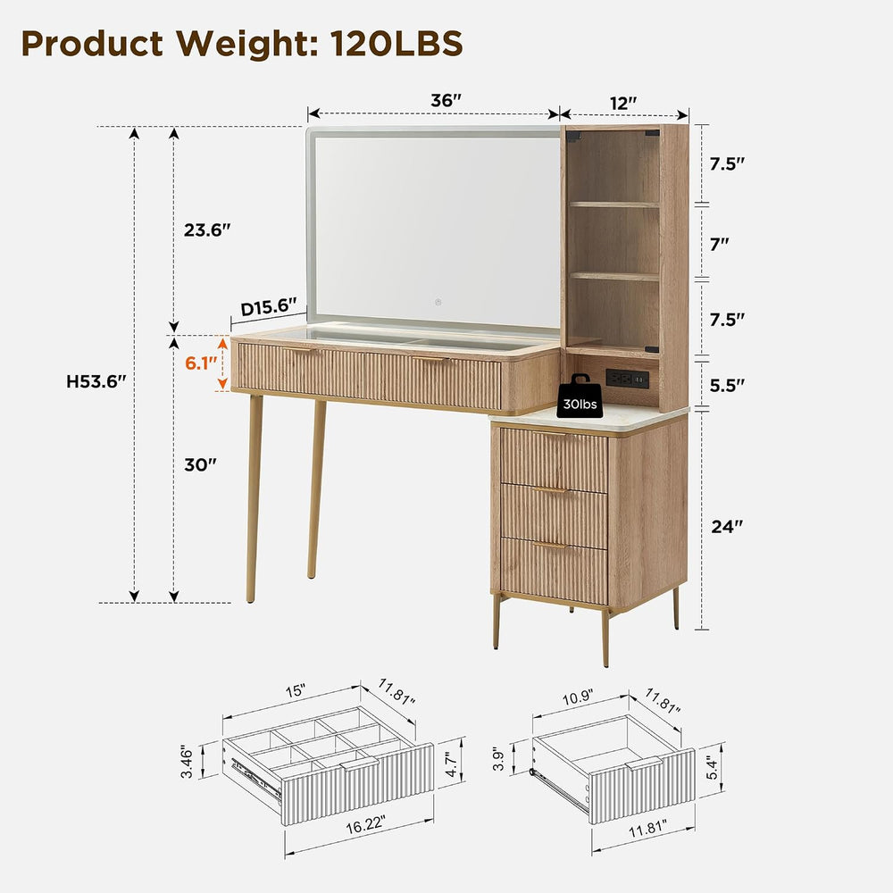 T4TREAM Fluted Makeup Vanity Desk with 36" HD Lighted Mirror, 48" B...