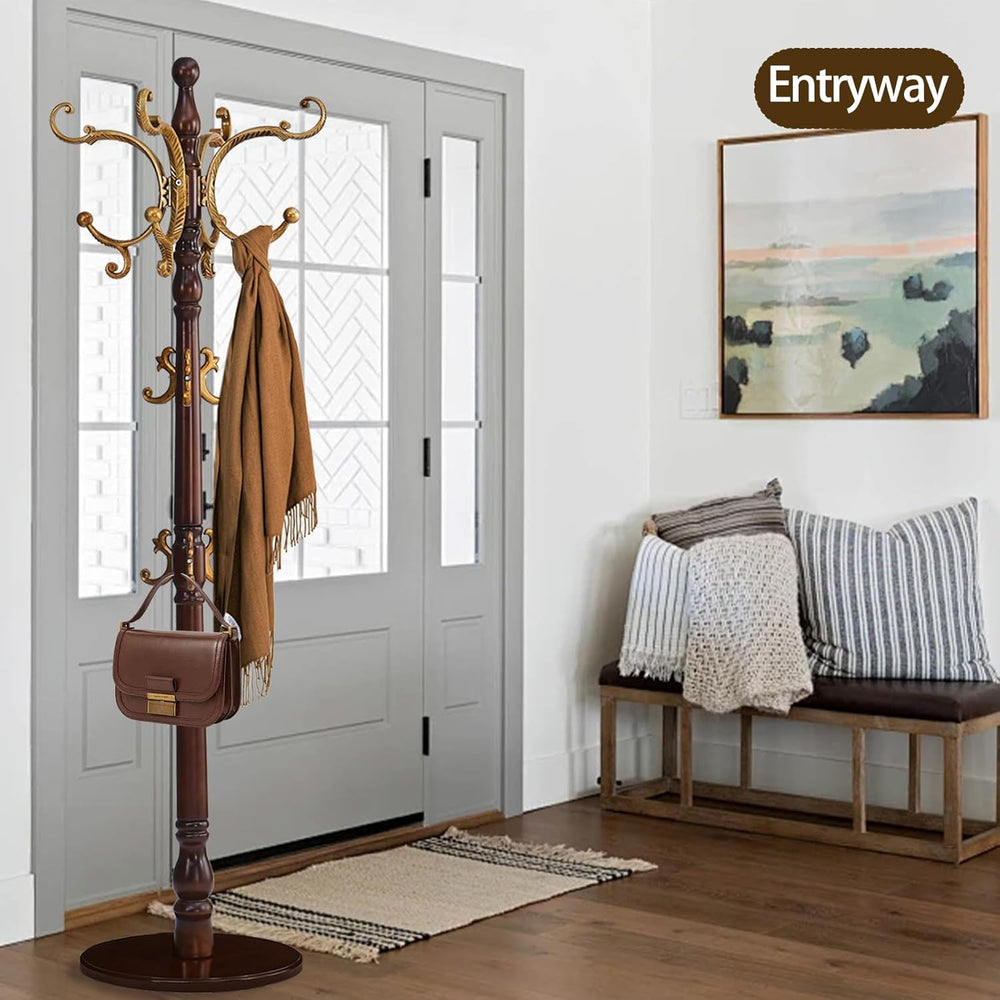 Coat Rack Freestanding, Wooden Coat Tree with Stable Round Base, Vintage Heav...