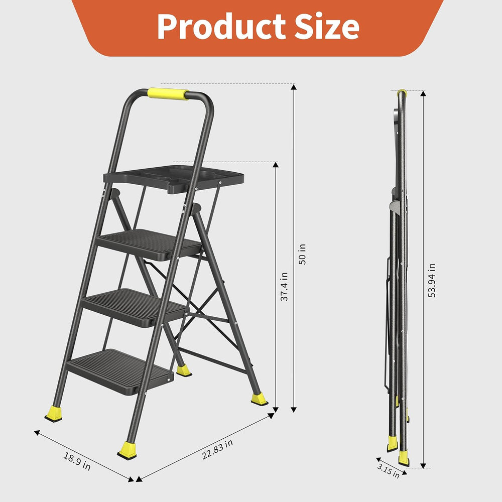 3 Step Folding Ladder, 600lbs Capacity Steel Stool with Tool Platform, Wide A...