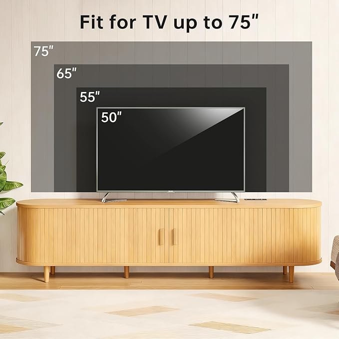 70" Mid Century Modern TV Stand, Wood TV Consoles with Sliding Doors and...