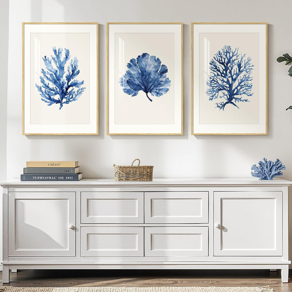 Framed Coastal Ocean Blue Coral Large Wall Art for Living Room, 16x24 Inch
