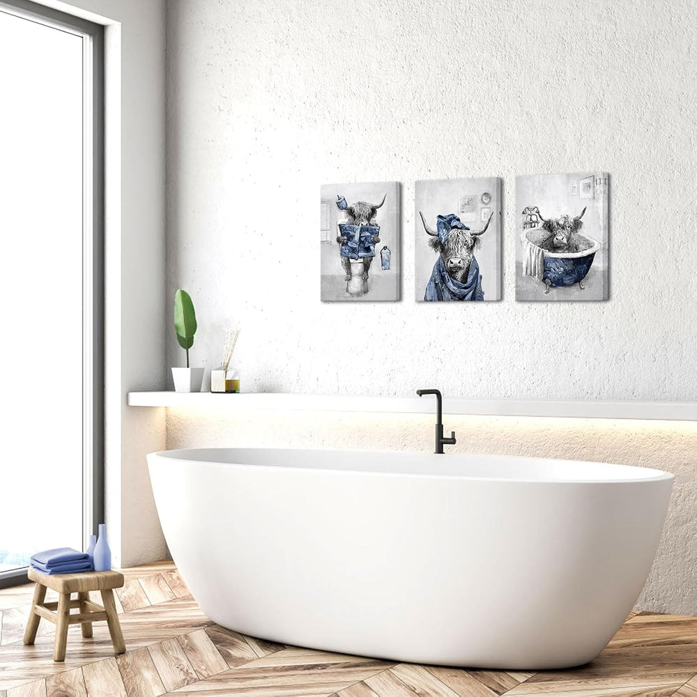sechars Funny Highland Cow Wall Art Blue Bathroom Decor