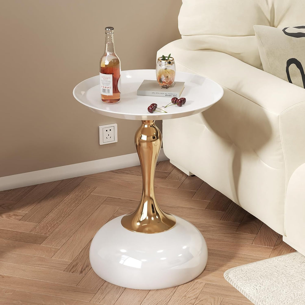 Small White Round Side Table with Gold Pedestal Base - Modern Chic Accent End...