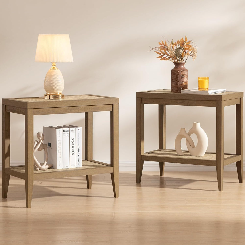 SICOTAS Rattan Living Room Side Table, 2 Pieces End Table with Storage