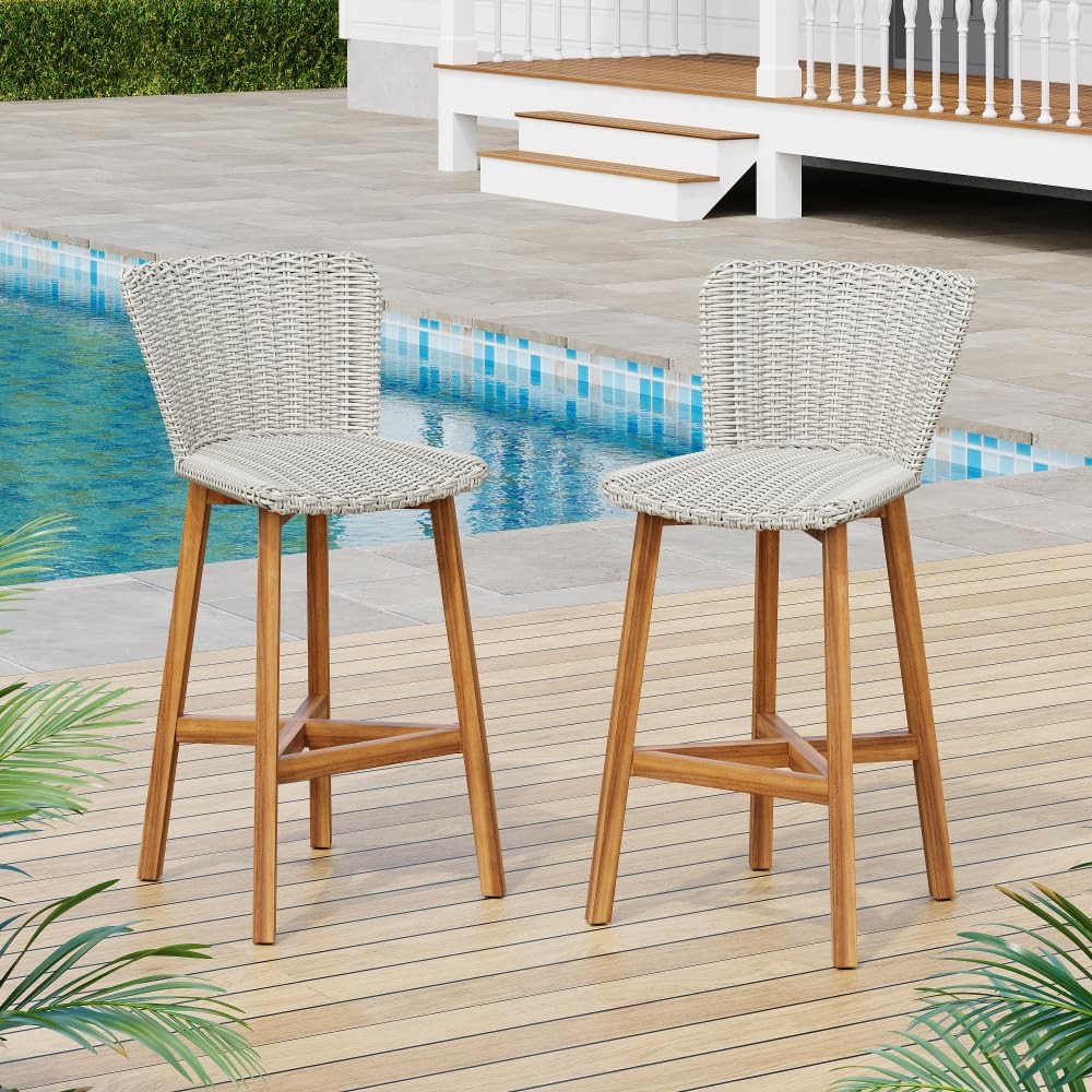Saiveina Lymington Outdoor Bar Stool, Teak Finished Wood with Light Grey Wick...