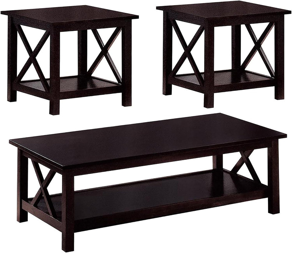 Set of 3 Cherry Round Accent Table with Faux Marble Top, Wood, Brown