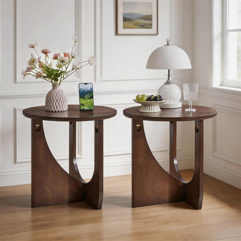 19.68 Inch Round Solid Wood Side Table, Walnut Brown, Modern Rustic Sofa End ...
