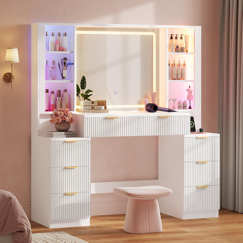 Big Vanity Desk, Fluted Makeup Vanity with Mirror Lights, Dressing Table | La...