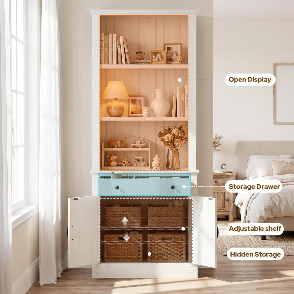 80" Tall Bookshelf Bookcase with Drawer and Doors, Rustic White