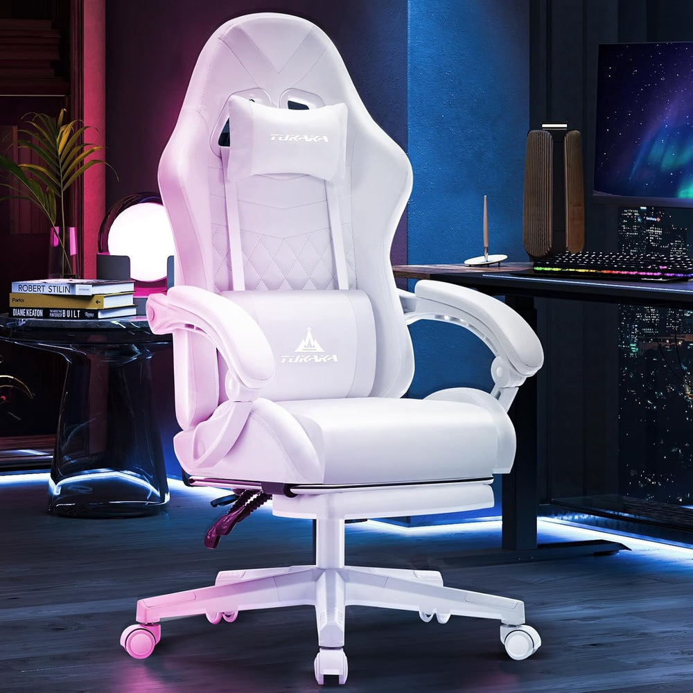 White Gaming Chair,Ergonomic Massage Office Desk Chair with Footrest | Pocket...