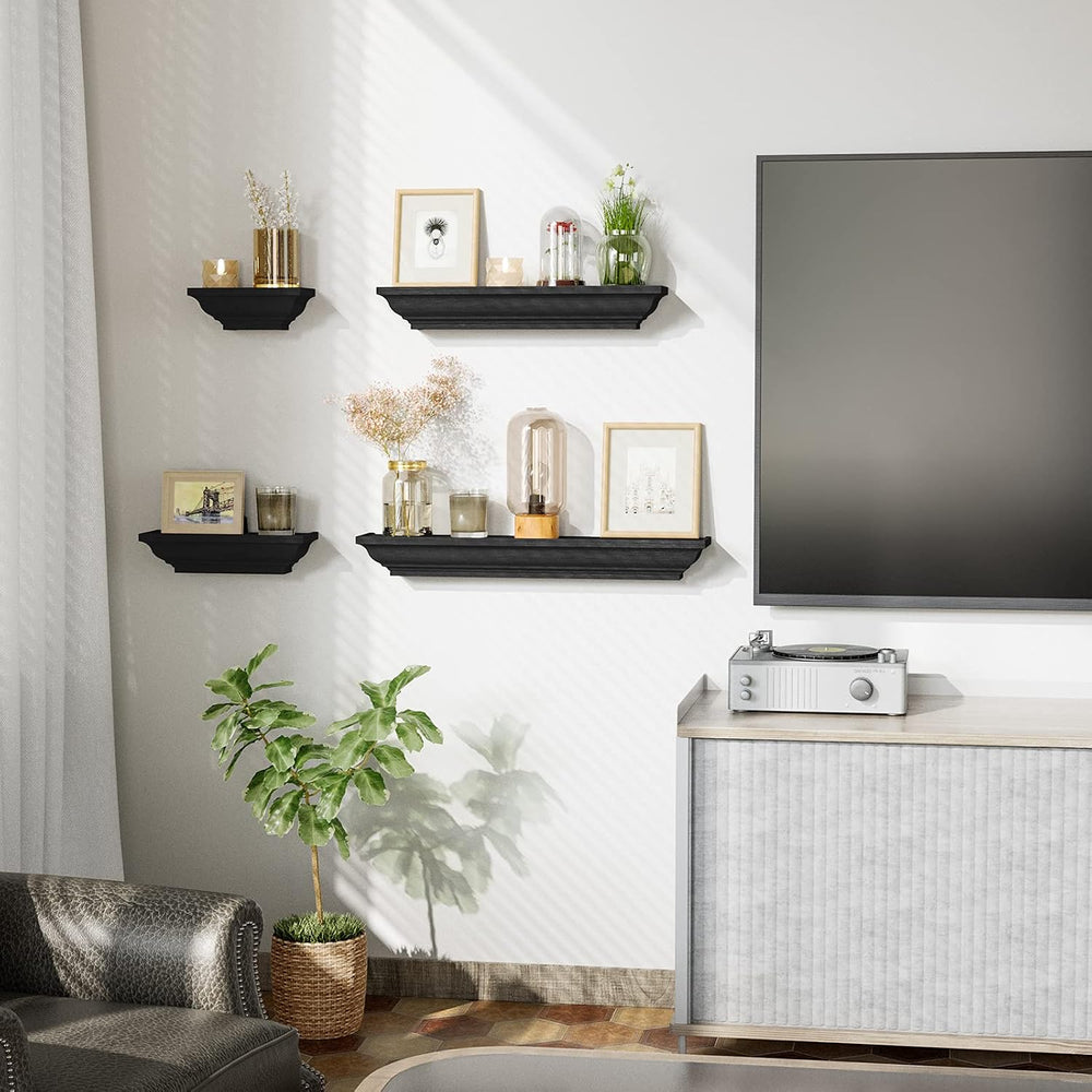 SRIWATANA 24 Inch Floating Shelves for Wall, Black Wood Wall Shelf Set of 4