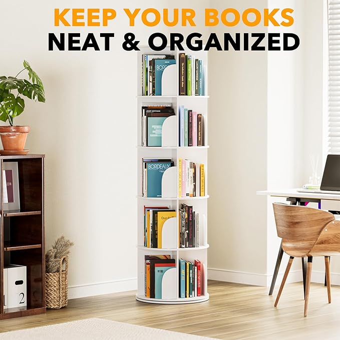 SpaceAid 5 Tier Rotating Bookshelf Tower, Spinning Bookcase Lazy Susan, Revol...