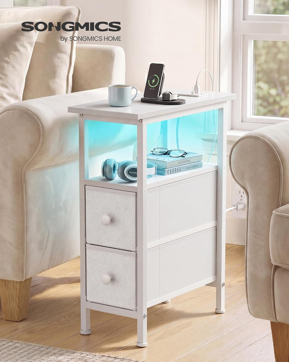 SONGMICS Side Table with LED Light, Narrow End Table with 2 Fabric Drawers