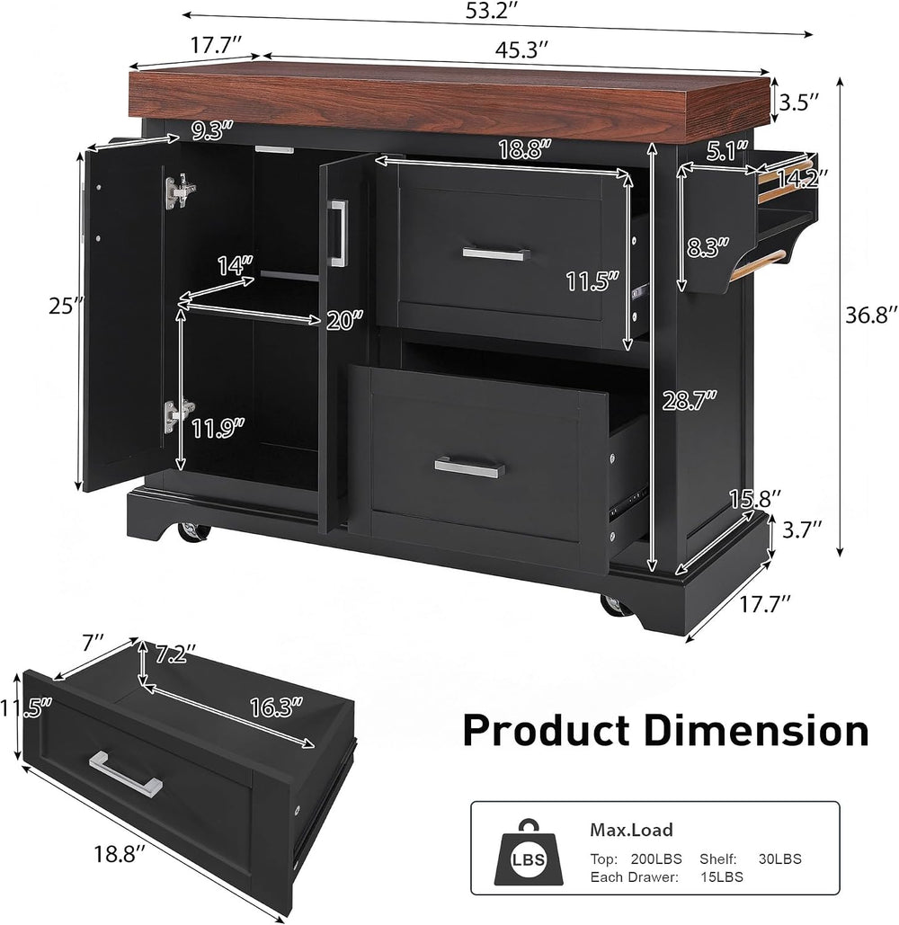 53" Large Kitchen Island with 3.5" Thick Desktop, Spice and Towel R...