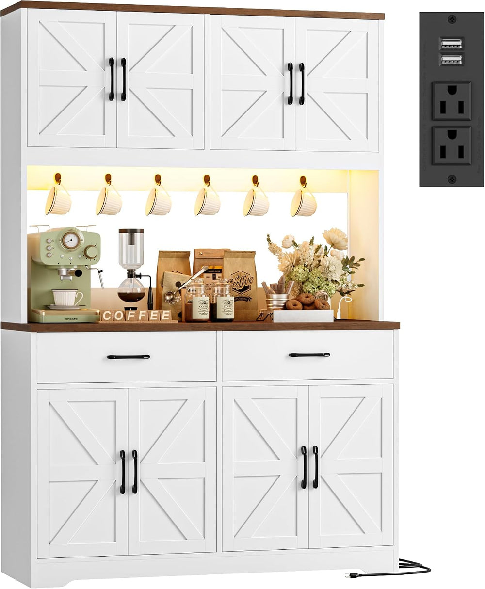 HIFIT 71" LED Pantry Cabinet with Charging Station, Tall Coffee Bar Cabi...