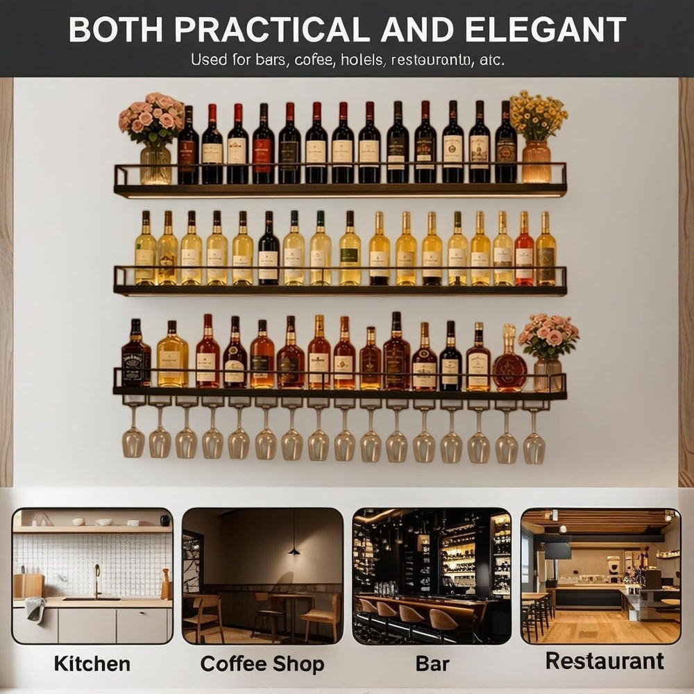 55in Wall Mounted Wine Rack, 3-Tier Metal Floating Bar Shelves with LED Light...