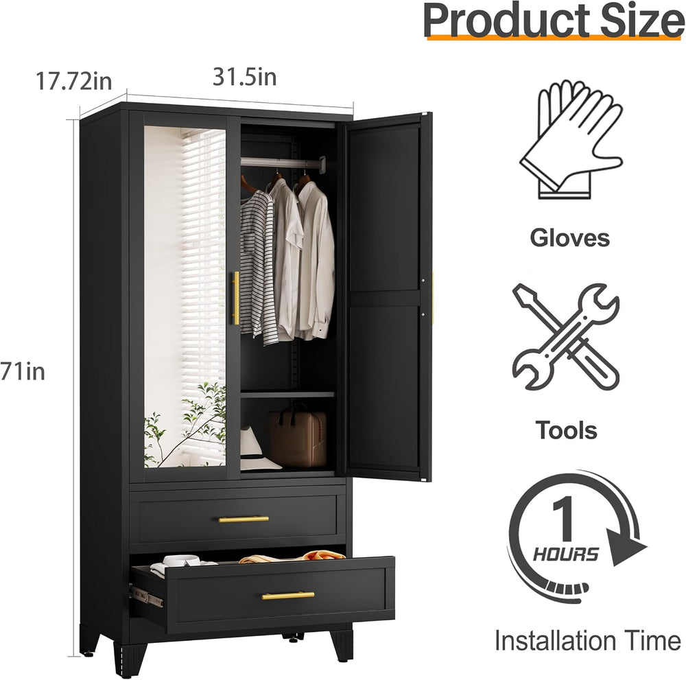 RIETERN Metal Armoire Wardrobe Closet, 71" Tall Bedroom Closet with Mirr...