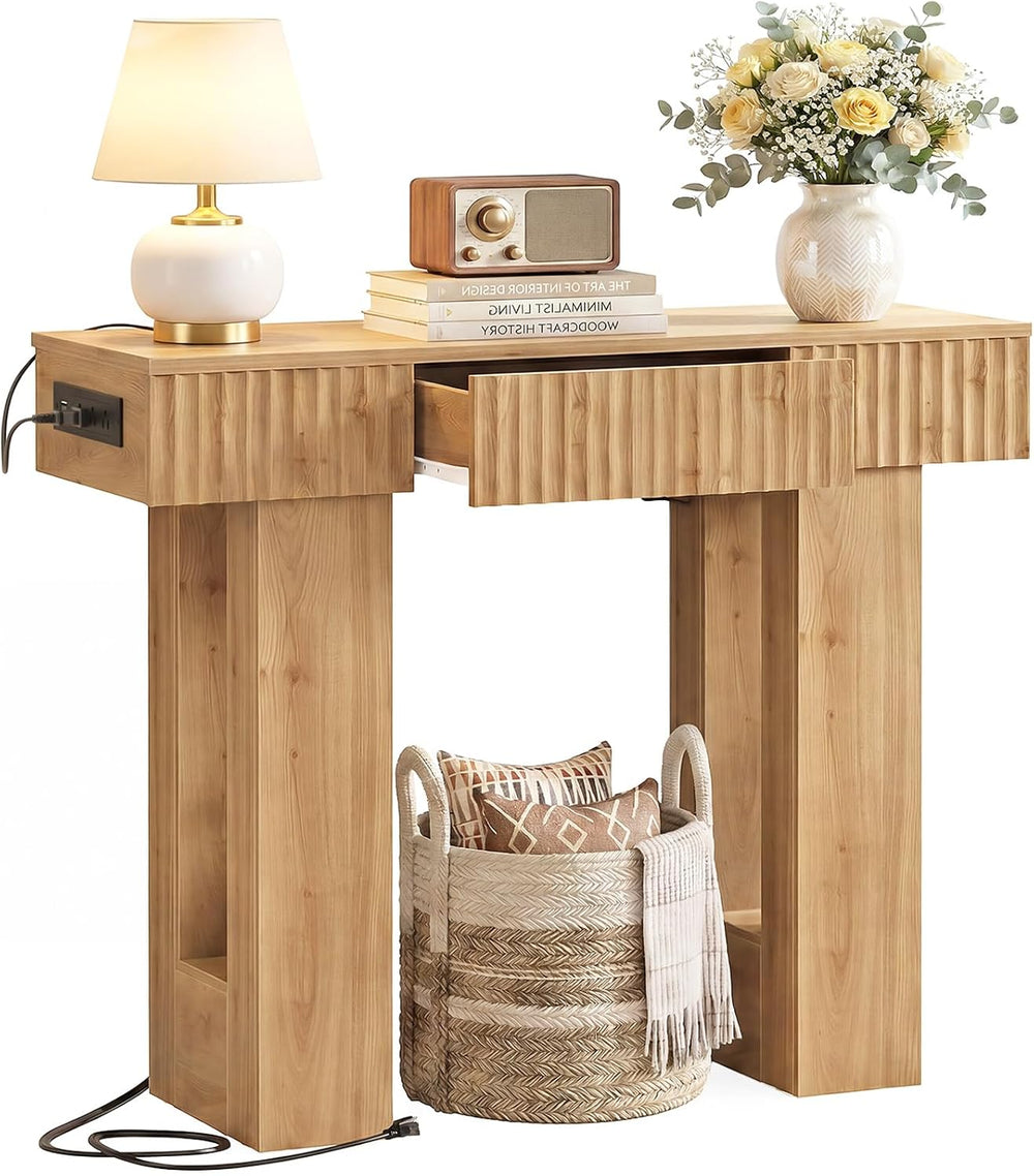 Unikito 39" Console Table with Storage Drawer and Outlets, Fluted Design...