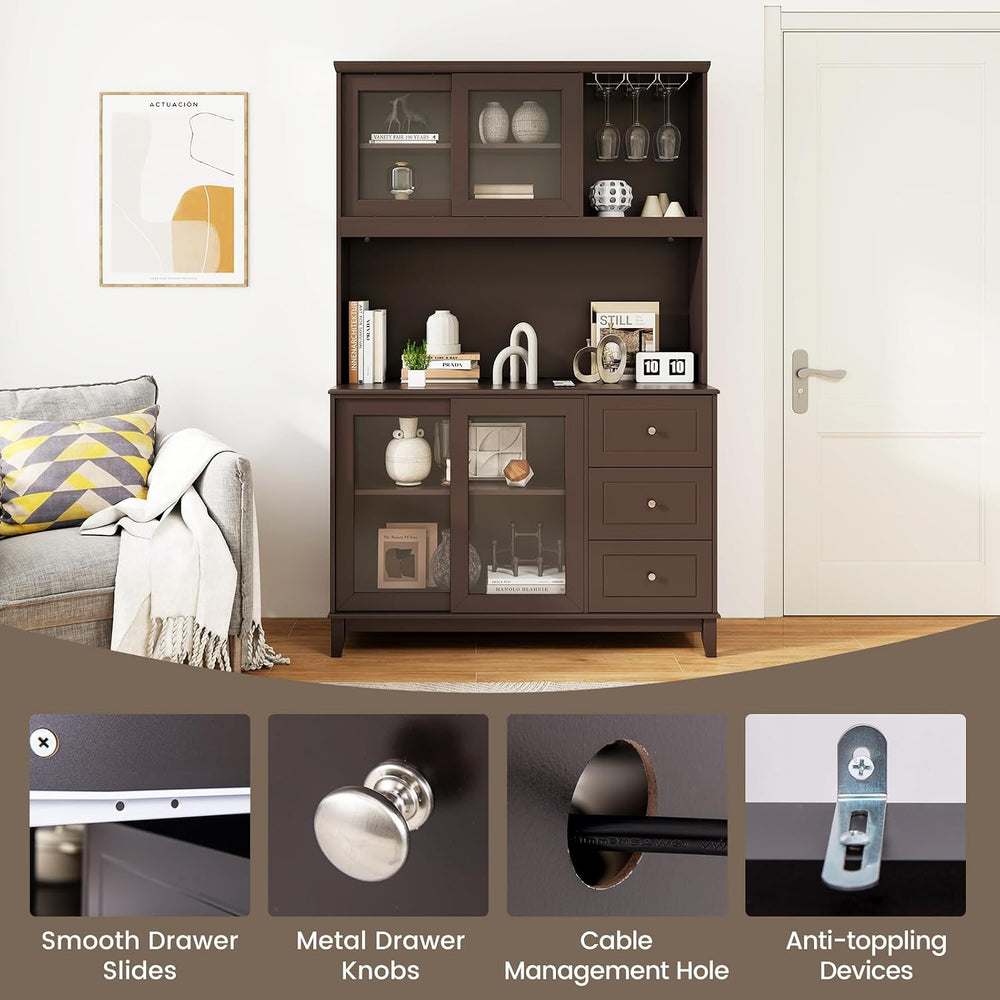 73” Kitchen Pantry Storage Cabinet, Buffet Hutch w/Power Outlets & Led Li...