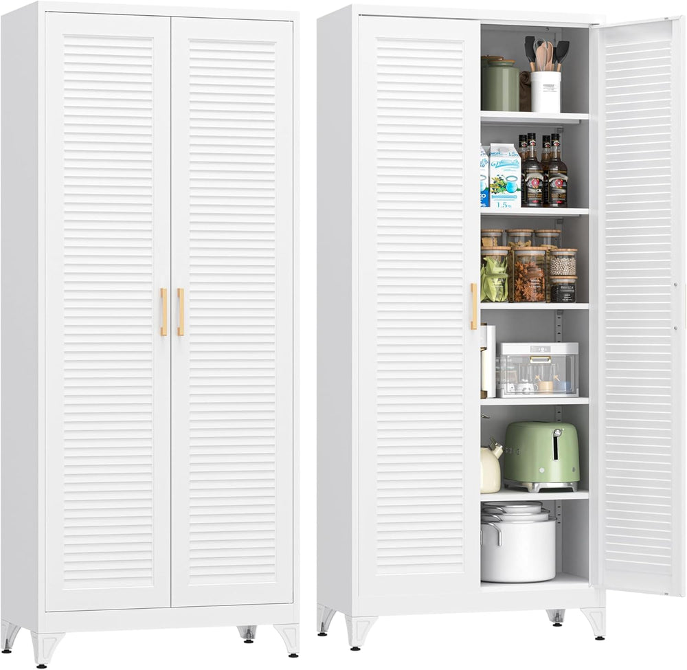 Kitchen Pantry Cabinet, 75" Tall White Metal Storage Cabinet with Doors ...