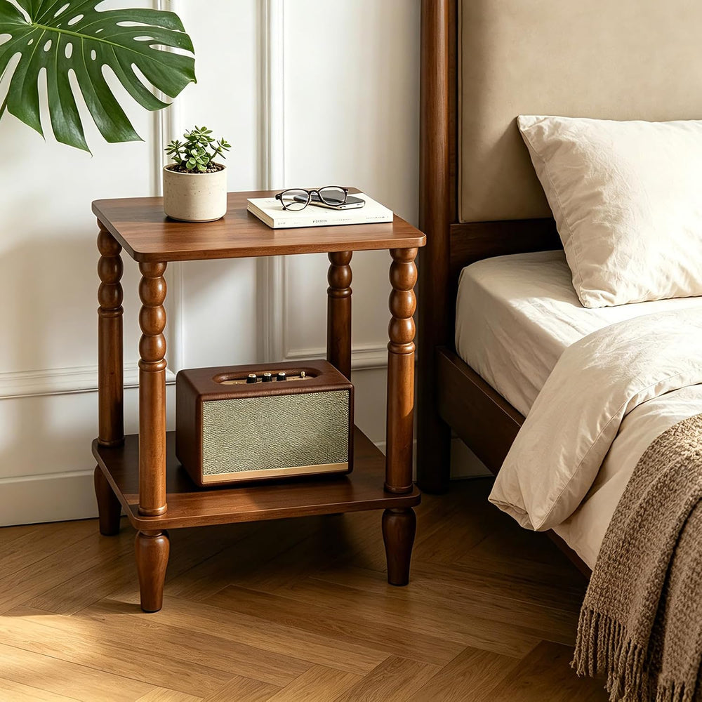 Solid Wood End Table with Storage Shelf, 2-Tier Small Side Table with Vintage...