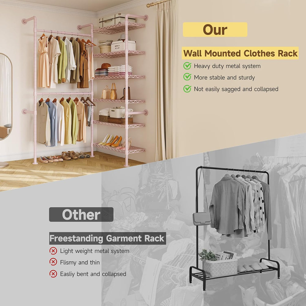 L2 Wall Mounted Closet System, Industrial Pipe Clothing Rack, Pink | Metal Cl...