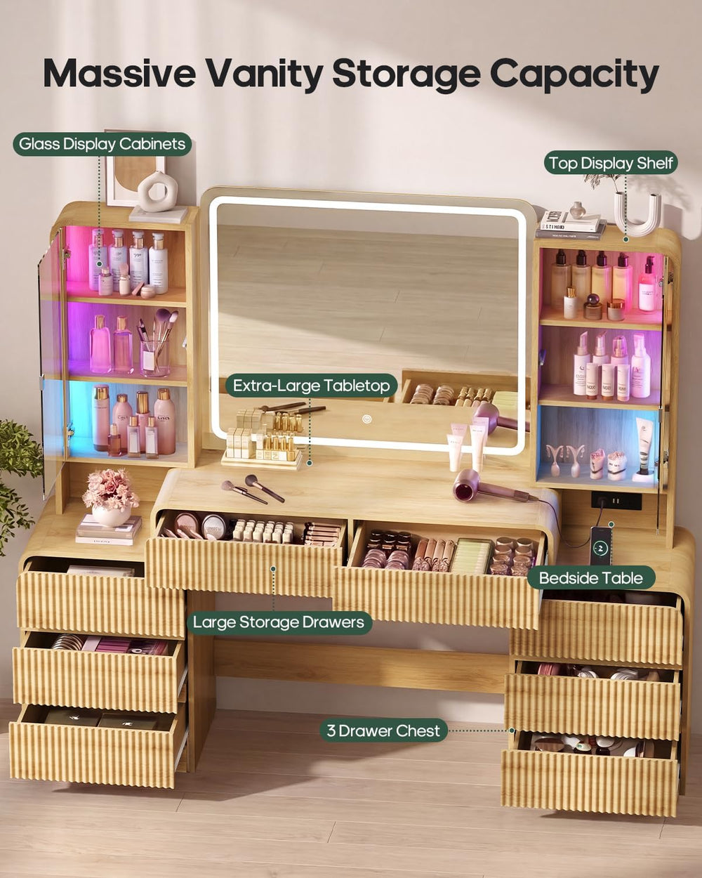 Big Vanity Desk, Fluted Makeup Vanity with Mirror Lights, Dressing Table