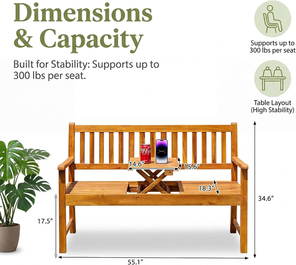 Devoko Acacia Wood Outdoor Bench, 2-Person Garden Bench with Pull-Out Table