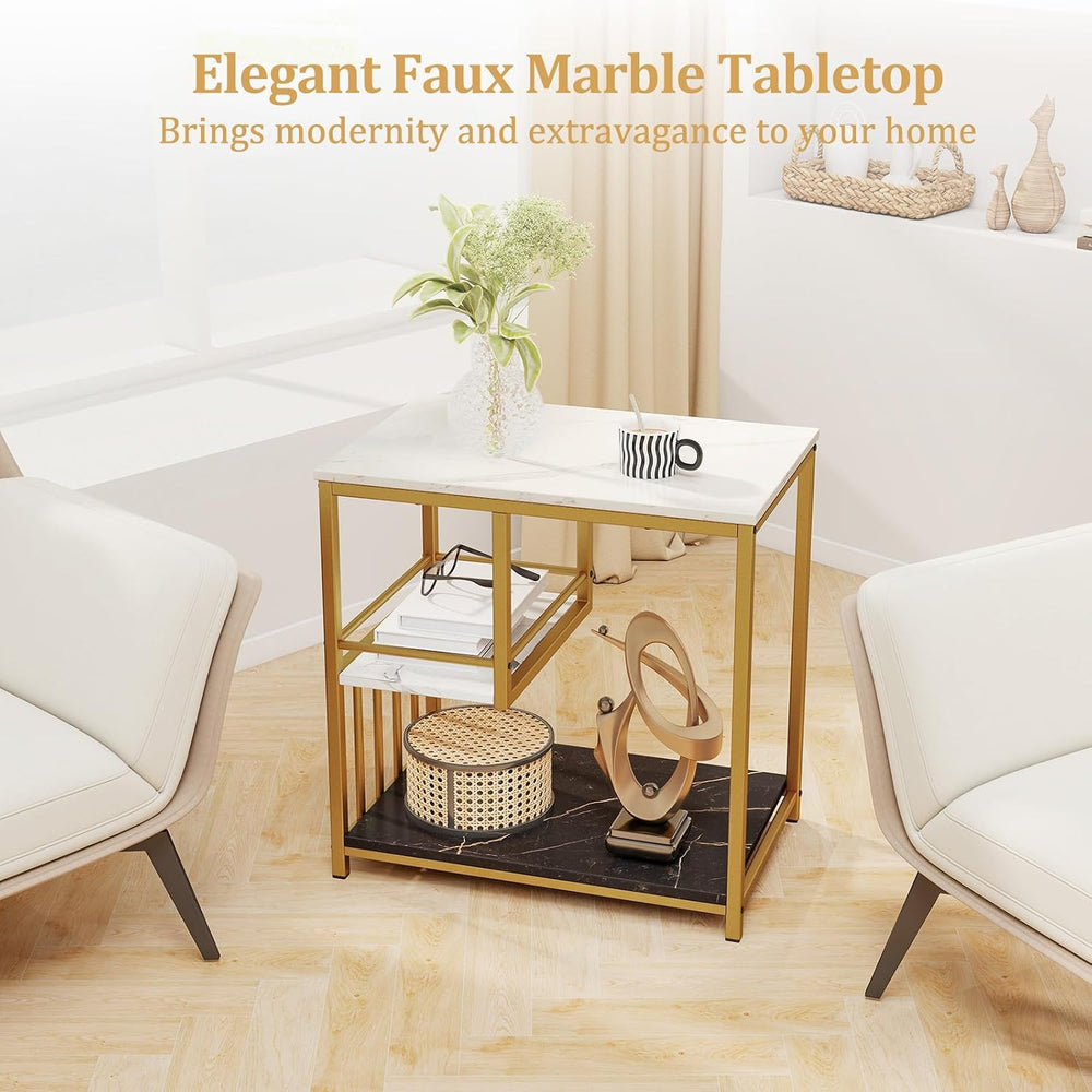 GOFLAME Faux Marble End Table, 3-Tier Sofa Side Table with Storage Shelves, G...