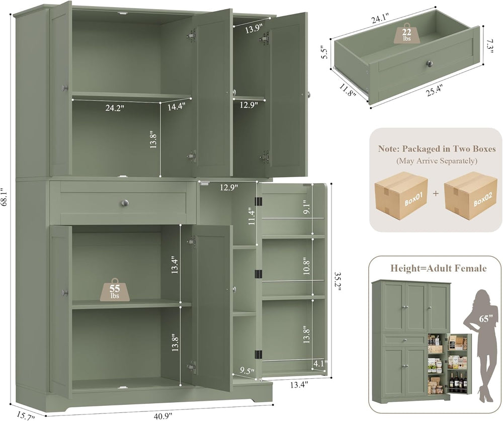 HOSTACK 68" Tall Kitchen Pantry Storage Cabinet with Doors & Shelves...