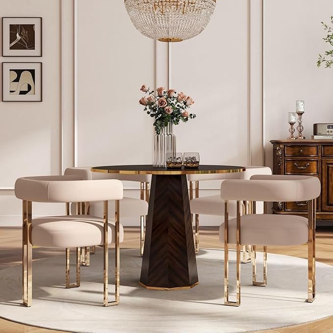 Velvet Dining Chairs Set of 4, Khaki Upholstered Barrel Armchairs with Gold M...