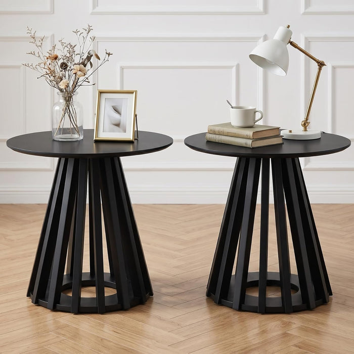 Round Small Side Table Set of 2, 19.7" Fluted End Table Nightstand, Black