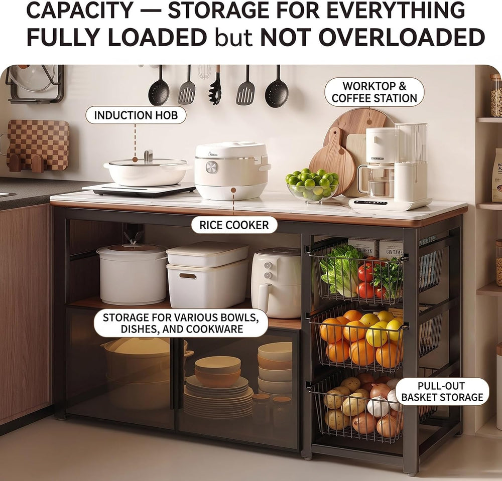 Sintered Stone Kitchen Island Table with Pull-Out Baskets, Heavy-Duty Steel F...