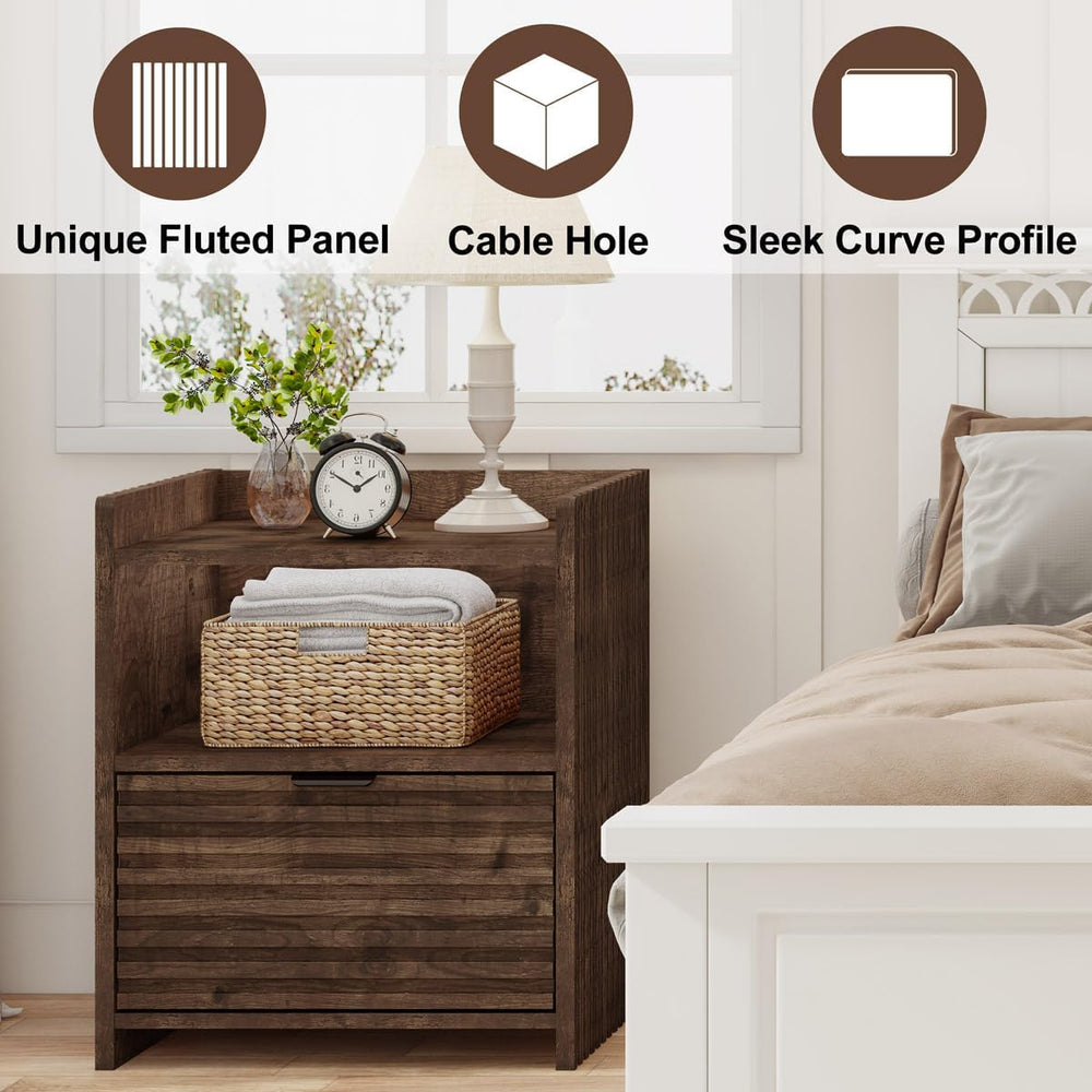 BON AUGURE Fluted Nightstand with Drawer and Storage Shelf, Modern Wood Bedsi...