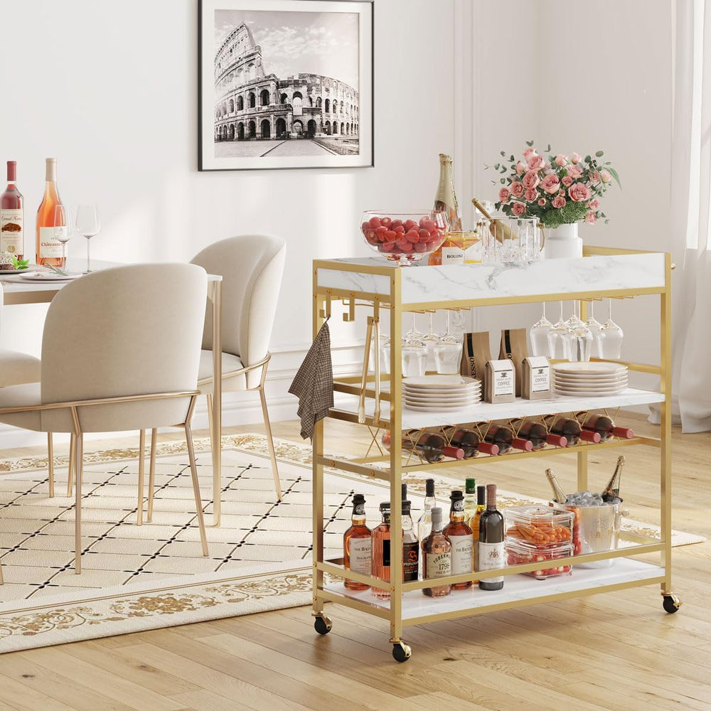 BON AUGURE Gold Bar Cart on Wheels for Home with Wine Rack & Glass Holder...