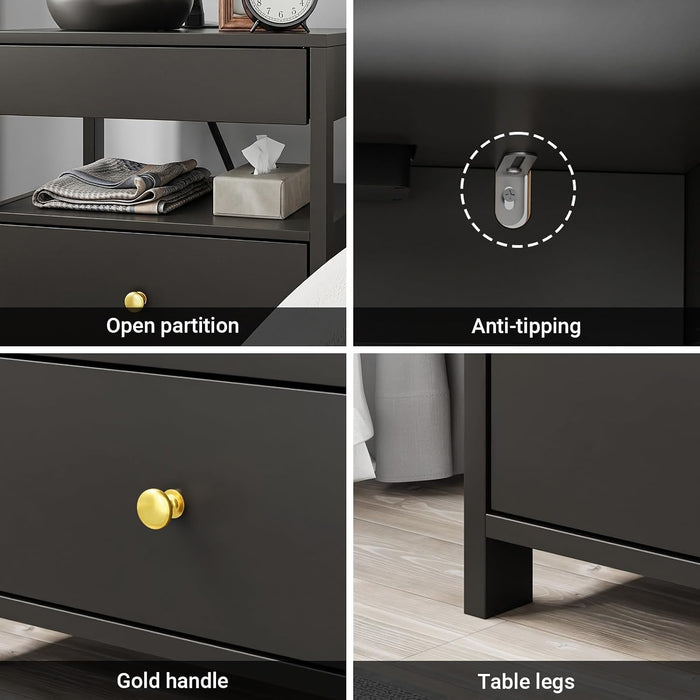 SoBuy Black Nightstand with Charging Station | Bedside Table with 2 Drawers, USB & Type-C Ports, Storage Side Table for Bedroom, Dorm Room, Black, FBT173-SCH