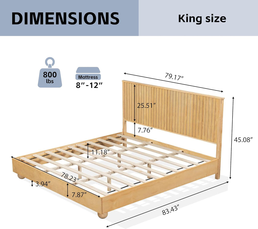 Merax King Size Bed Frame with Reeded Headboard, Natural Wood Platform Bed Fr...