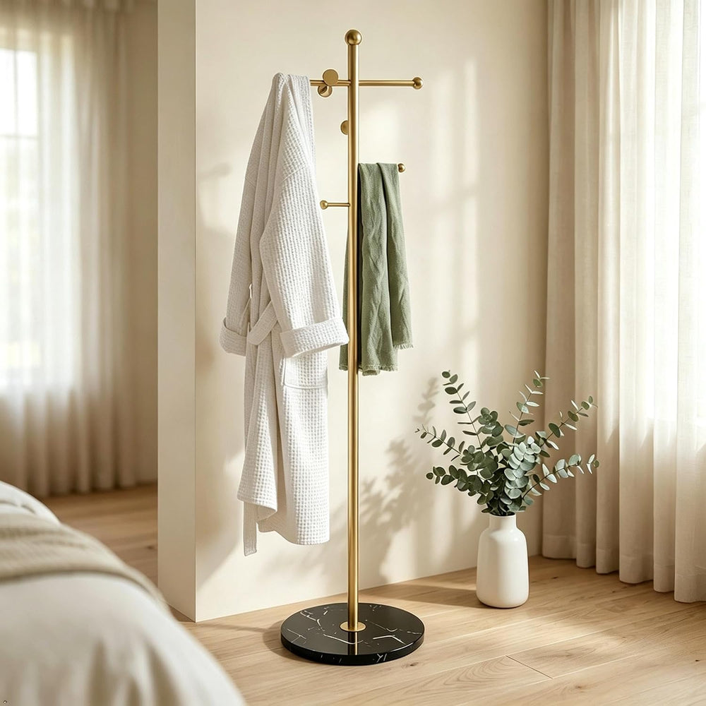 Modern Freestanding Coat Rack with Marble Base, 8 Hooks