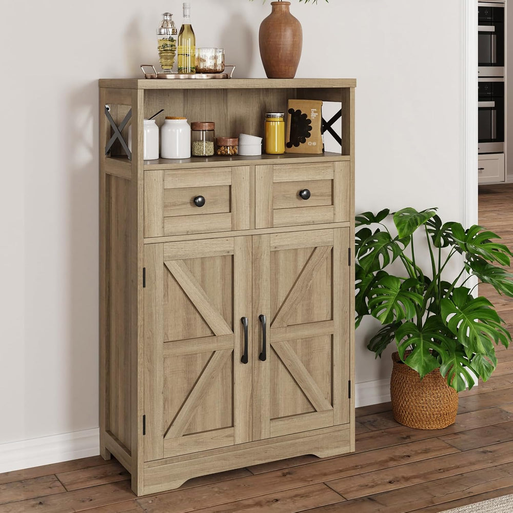 FiveWillowise Natural Storage Cabinet with Doors and Shelves, Standing Kitche...