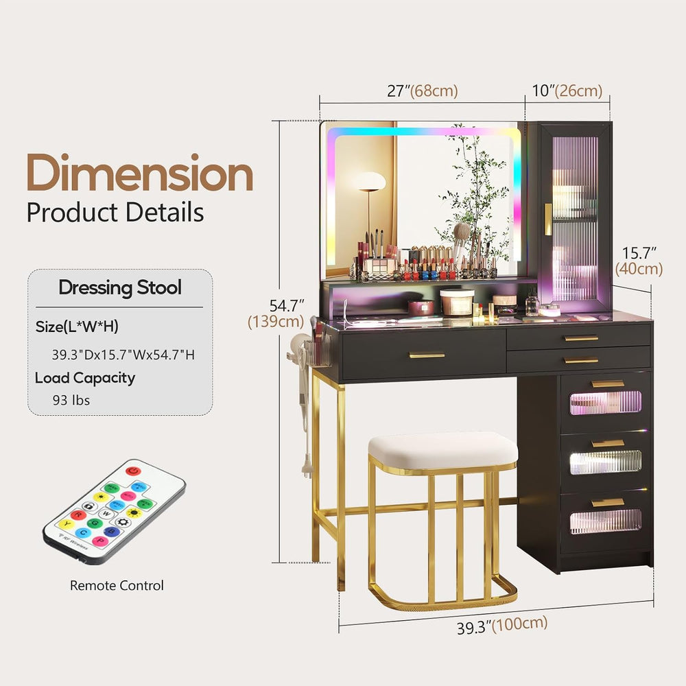 Vanity Desk with RGB LED Mirror, Glass Top and 6 Drawers - Black | SKKTKT Mak...