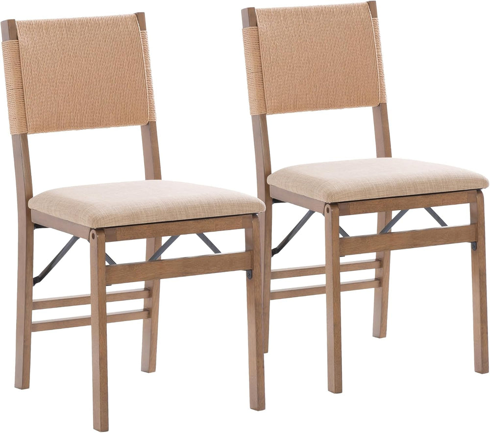 Bennett Natural Folding Chair with Rope Back and Linen Upholstered Seat Set o...