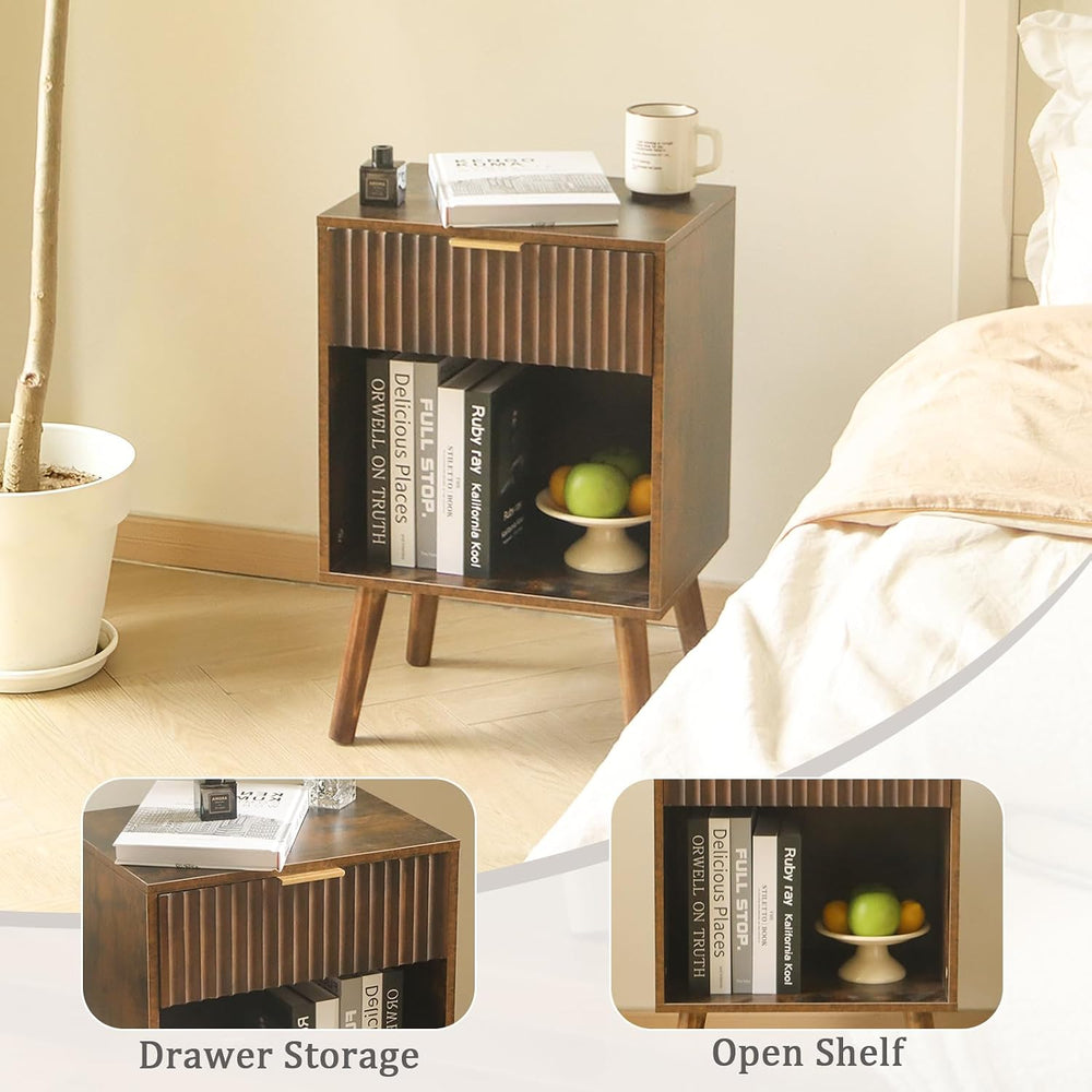 Fultyle Mid Century Modern Nightstand, Wood Bedside Table with Drawer and Ope...