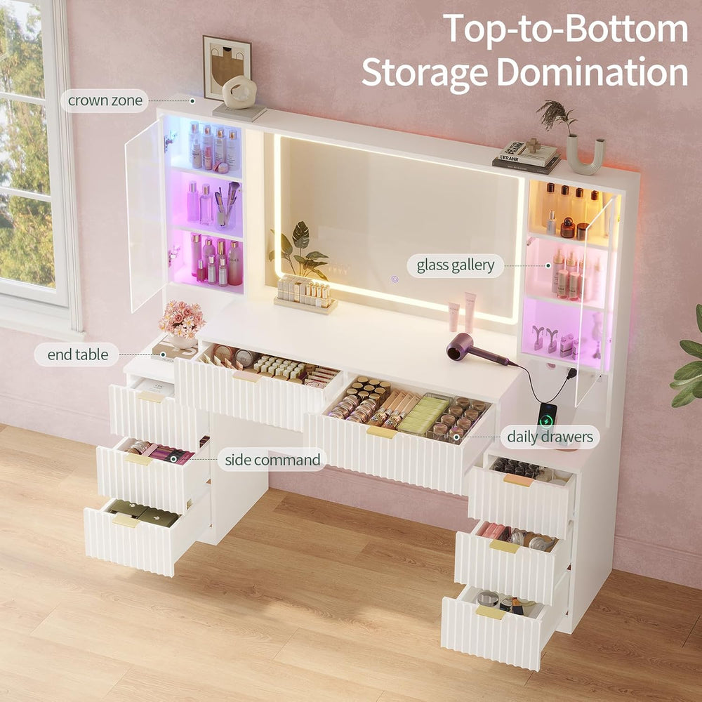Big Vanity Desk, Fluted Makeup Vanity with Mirror Lights, Dressing Table | La...
