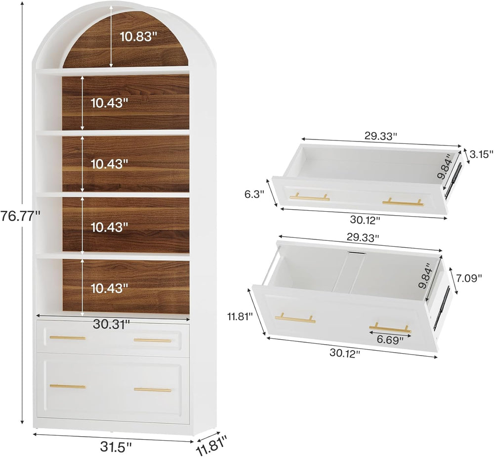 Tribesigns 76.8" Tall Arched 5-Tier Bookcase with File Cabinet Drawer