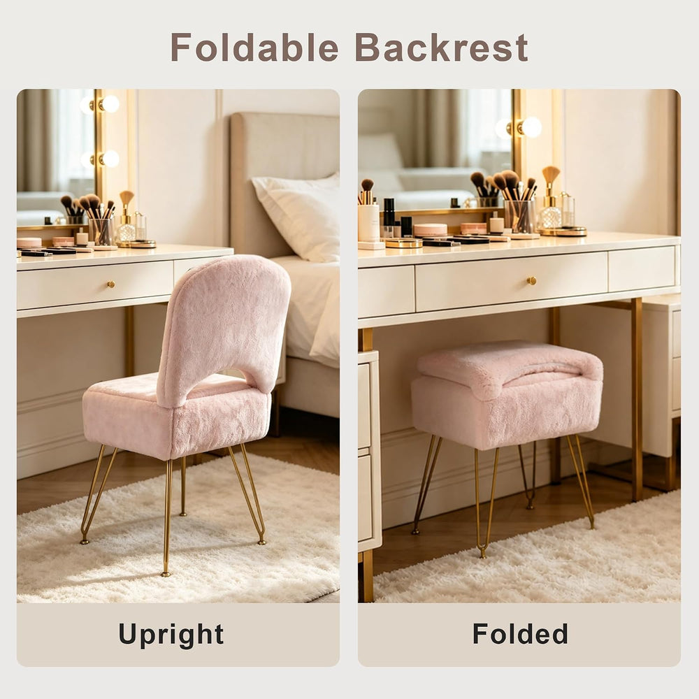 Vanity Stool Chair with Storage and Folding Back, 4 Metal Legs with Anti-Slip...