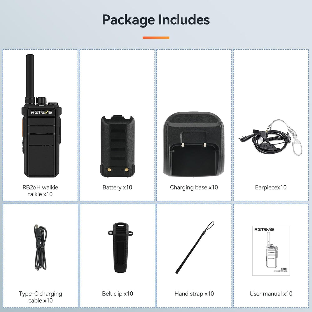 Retevis RB26H 2 Way Radio Long Range, Walkie Talkies with Earpiece, 10-Pack