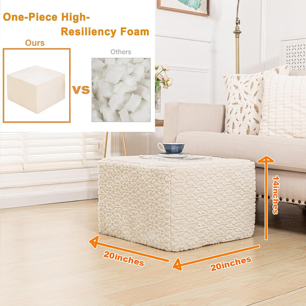 Square Stuffed Pouf Ottoman Poufs with One-Piece Seamless Foam Filling, Furry...