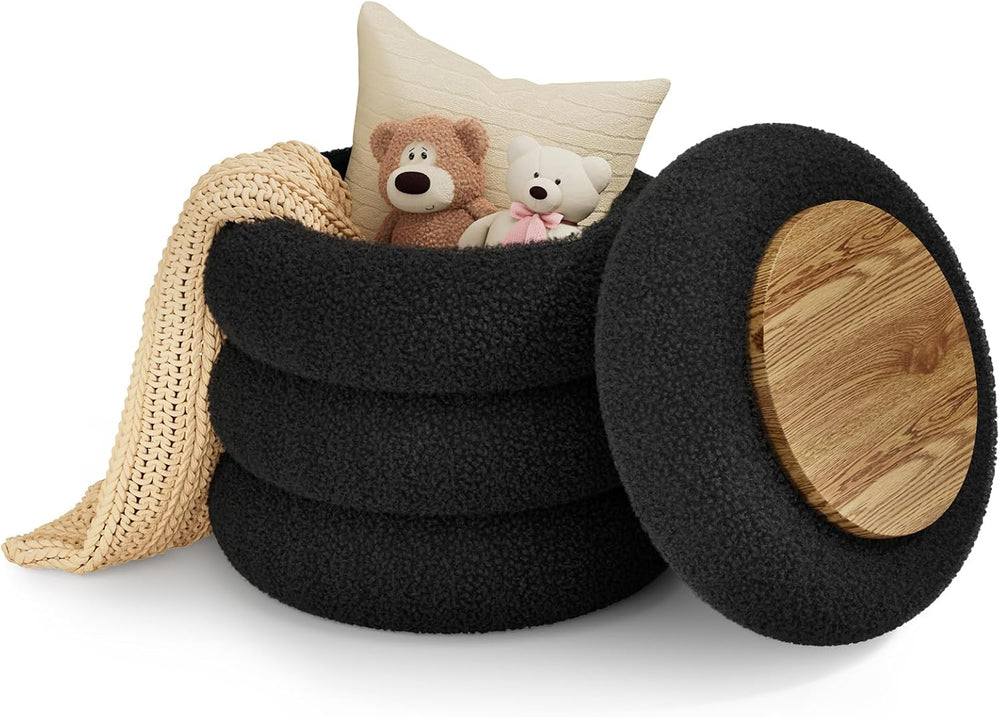 Soft Teddy Round Ottoman with Tray, 17.5 Inches Ottoman Coffee Table with Sto...