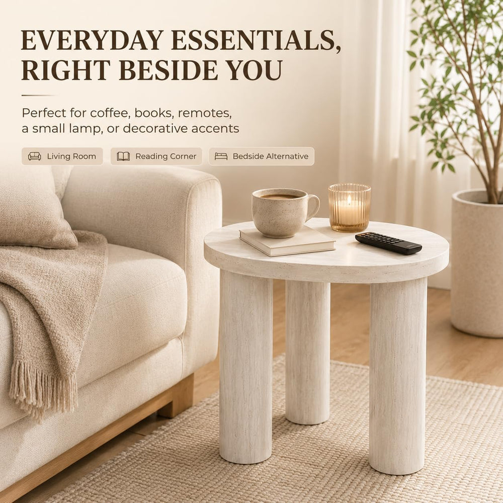 Small Round Side Table, Light Wood Grain End Table with 3 Cylindrical Legs, M...